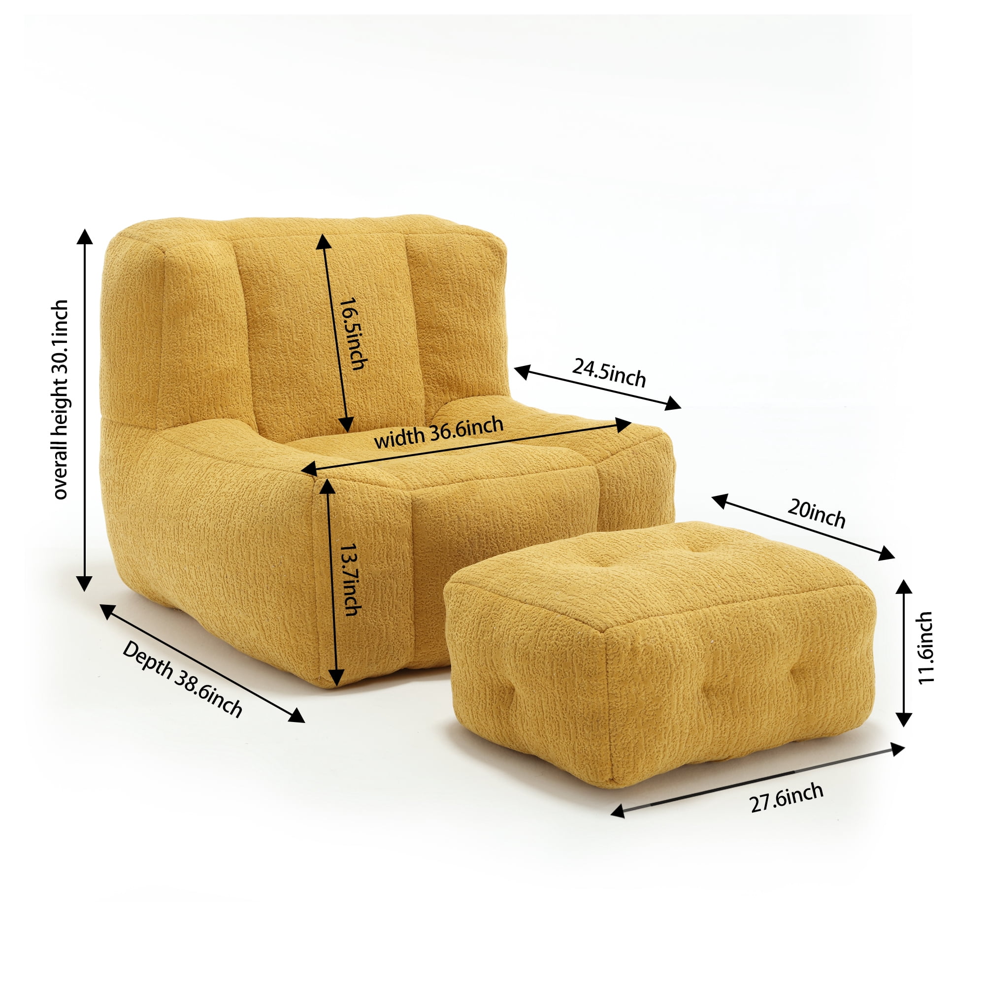 Accent Chair with Ottoman Set,Modern Velvet Bean Bag Chair for Adults and Childs,Upholstered Lazy Sofa Chair Armchair for Living room, Bedroom, Apartment,Yellow