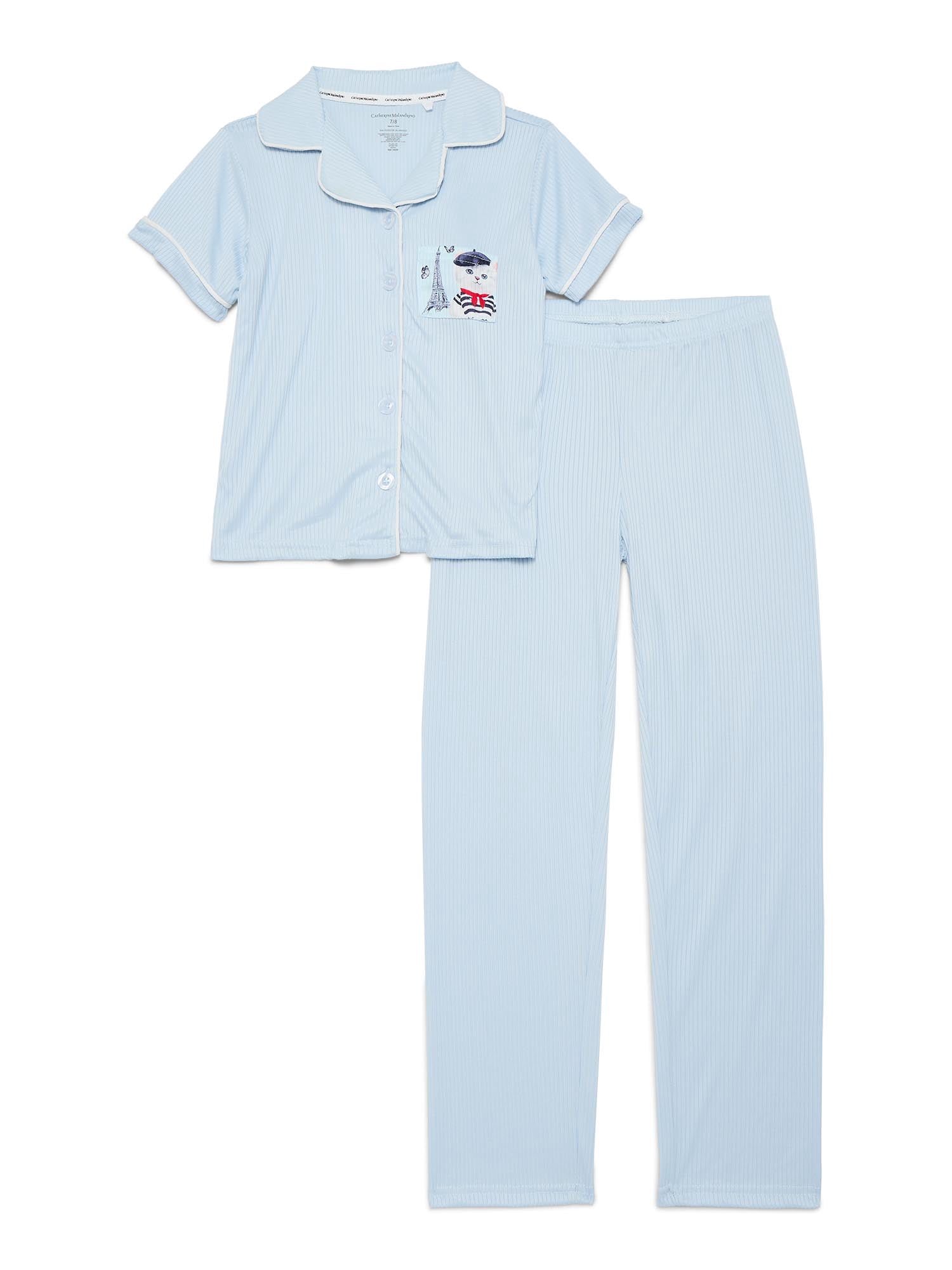 Catherne Malandrino Girls Ribbed Notch Collar Short Sleeve Top, Pants with Bonus Socks 3-Piece Pajama Set, Sizes 5-16