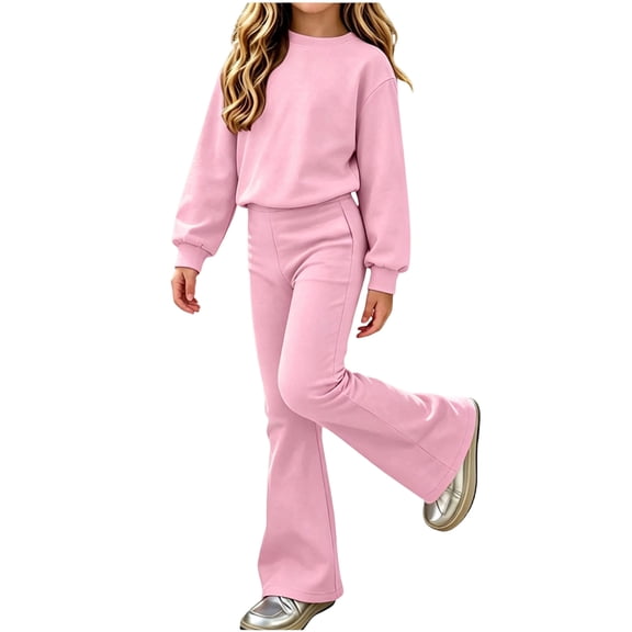 Mooqilaa Girls Casual Outfit Sets Size 10-12, Fall Long Sleeve Crewneck Kids' Clothing Sets Girls' 2 Piece Sets Pink