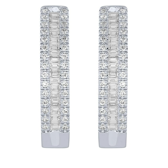 0.46 CT. T.W. Baguette & Round Cut Diamond Hoop Earrings in 14K Gold
