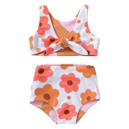Toimothcn Swimsuit For Girls Sleeveless Casual Floral Printed 2 Peice Bikini Set Quickly Dry Cover Up Swimwear 18-24 Months