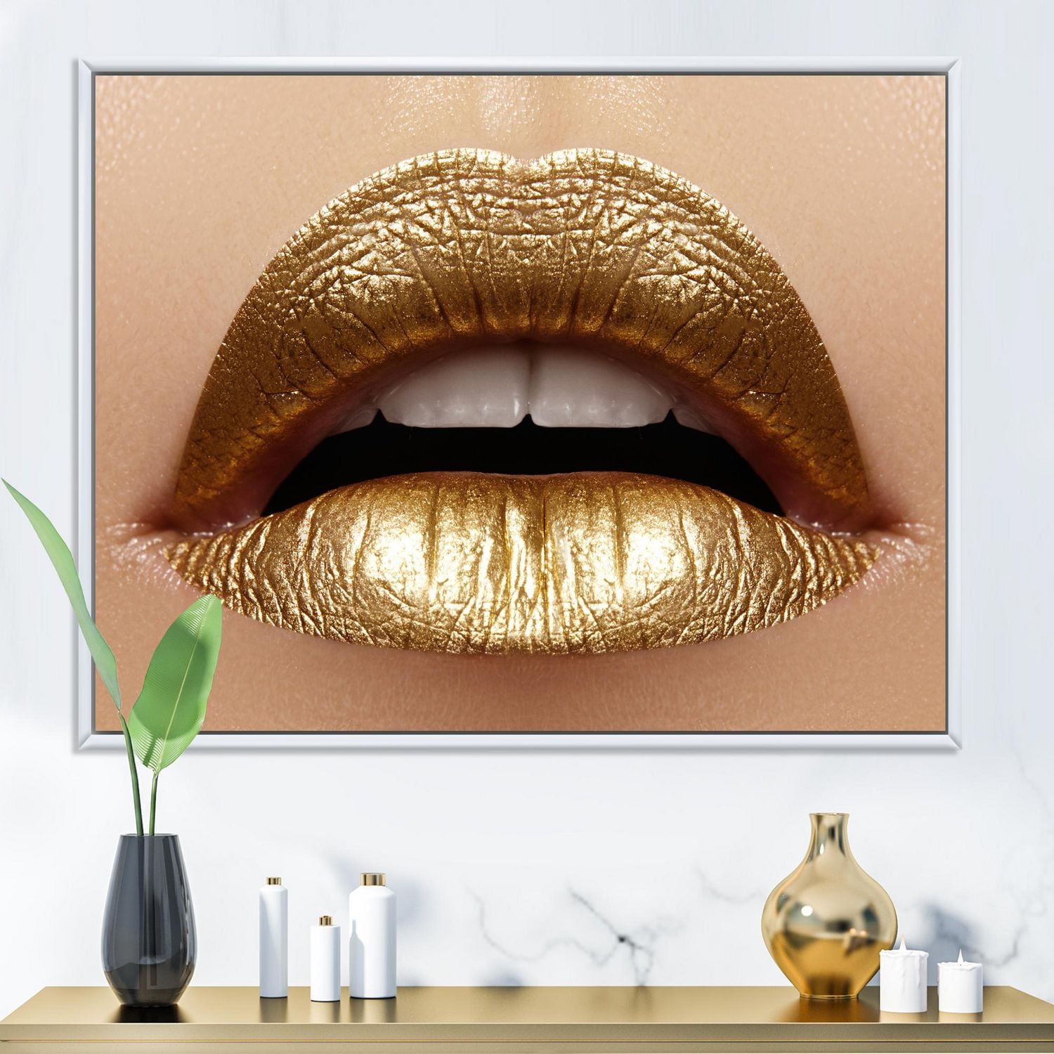 Designart Close Up of Female Plump Lips With Golden Lipstick FLOAT FRAME WALL ART