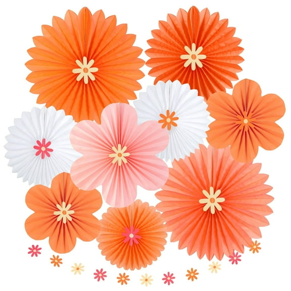 9pcs Orange Floral Paper Party Decorations Hanging Fans for Summer Tea Party, Birthday, Wedding Backdrop