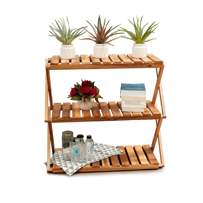 Acacia 3 Tiers Wooden Plants Stand Foldable Shoe Rack Multipurpose Shelf Perfect Idea For Living Room Bedroom Hallway Bathroom Natural Color