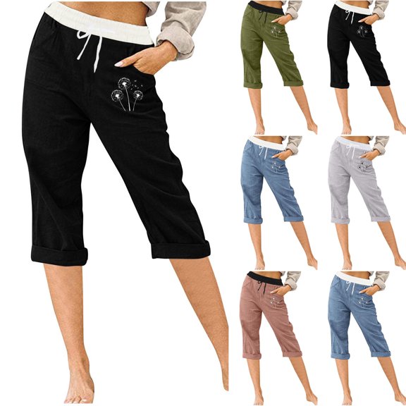 Capri Pants for Women, Xunlbb Women’s Elastic Waist Summer Solid Casual WithPockets Outing Pants Capris(Black,S)