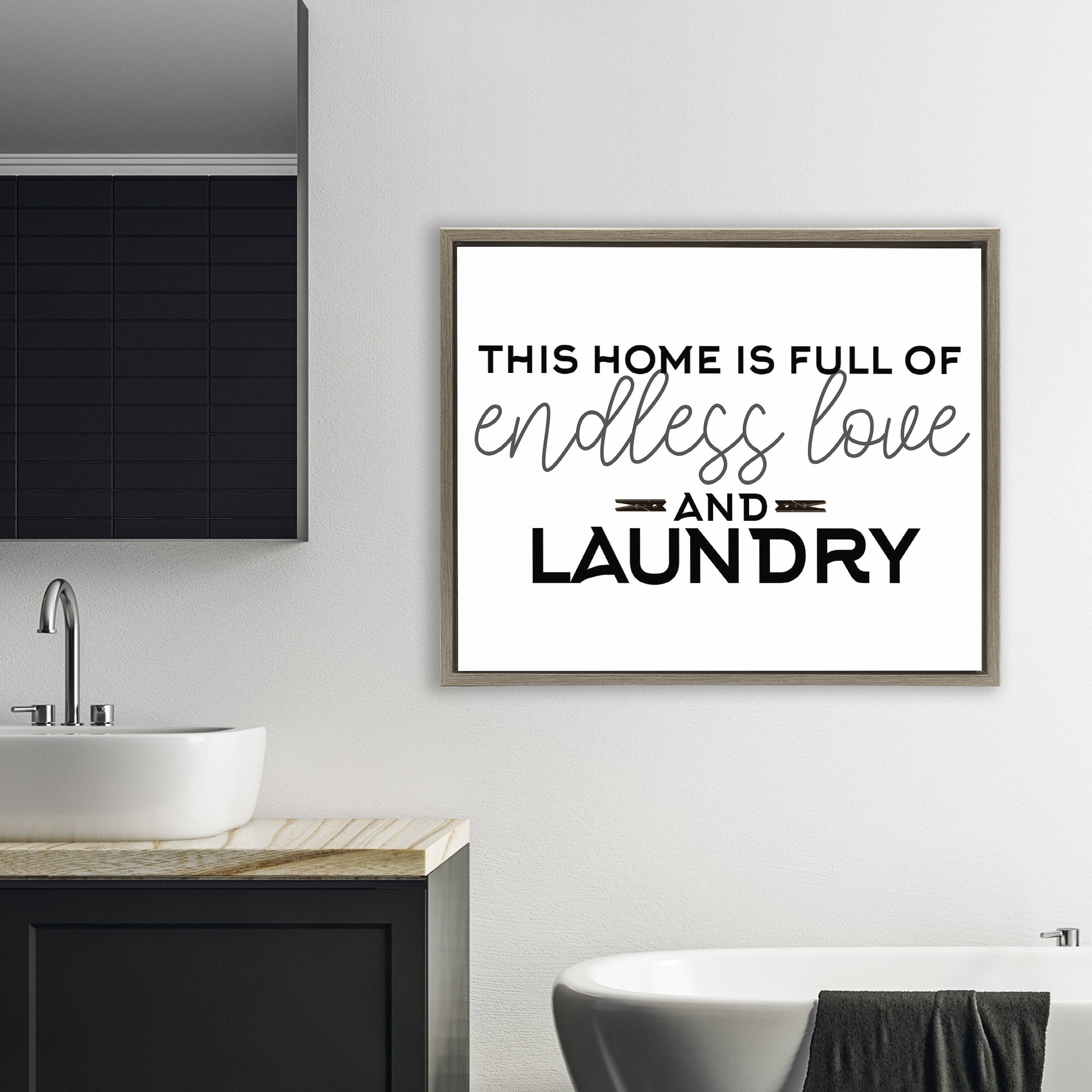 Endless Love & Laundry Minimal Brown Framed Floater Canvas Wall Art, design by Kim Allen