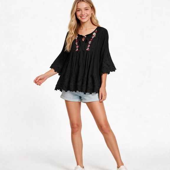 Elvqul T-Shirts for Women Block Lace Shirts Summer Pullover Round Neck Juniors Tops Short Sleeve