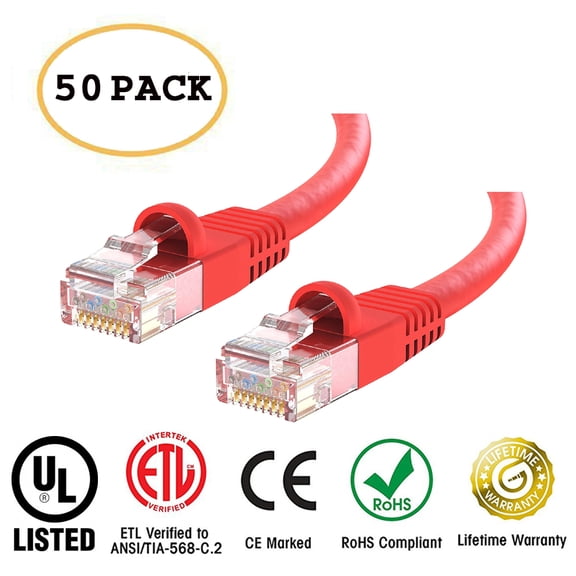Huetron™ 50-Pack Cat 6 Ethernet Cable Cat6 Snagless Patch 10 Feet - Computer LAN Network Cord, RED