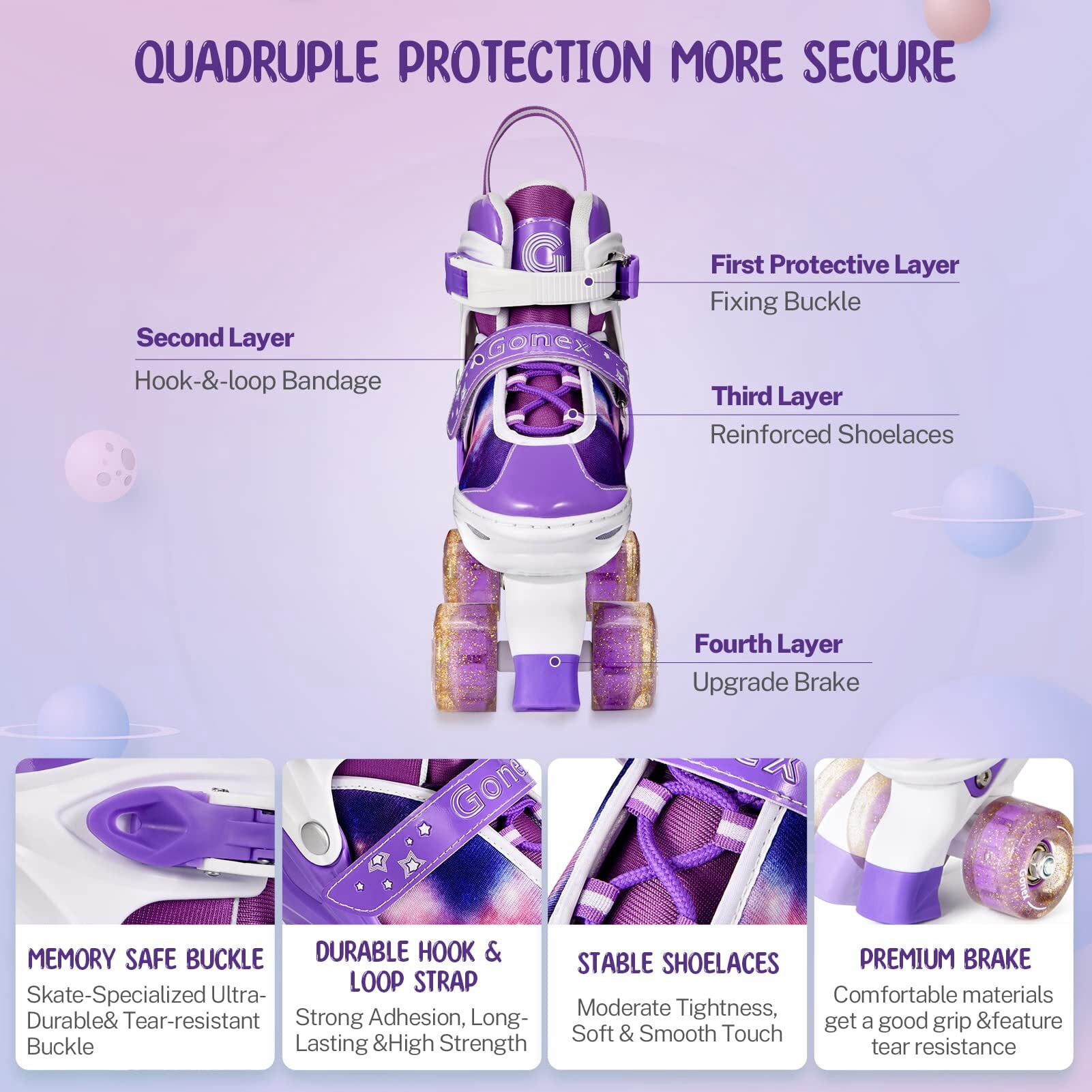 Gonex Roller Skates for Girls Boys 4 Size Adjustable Quad Skates with Light up Wheels