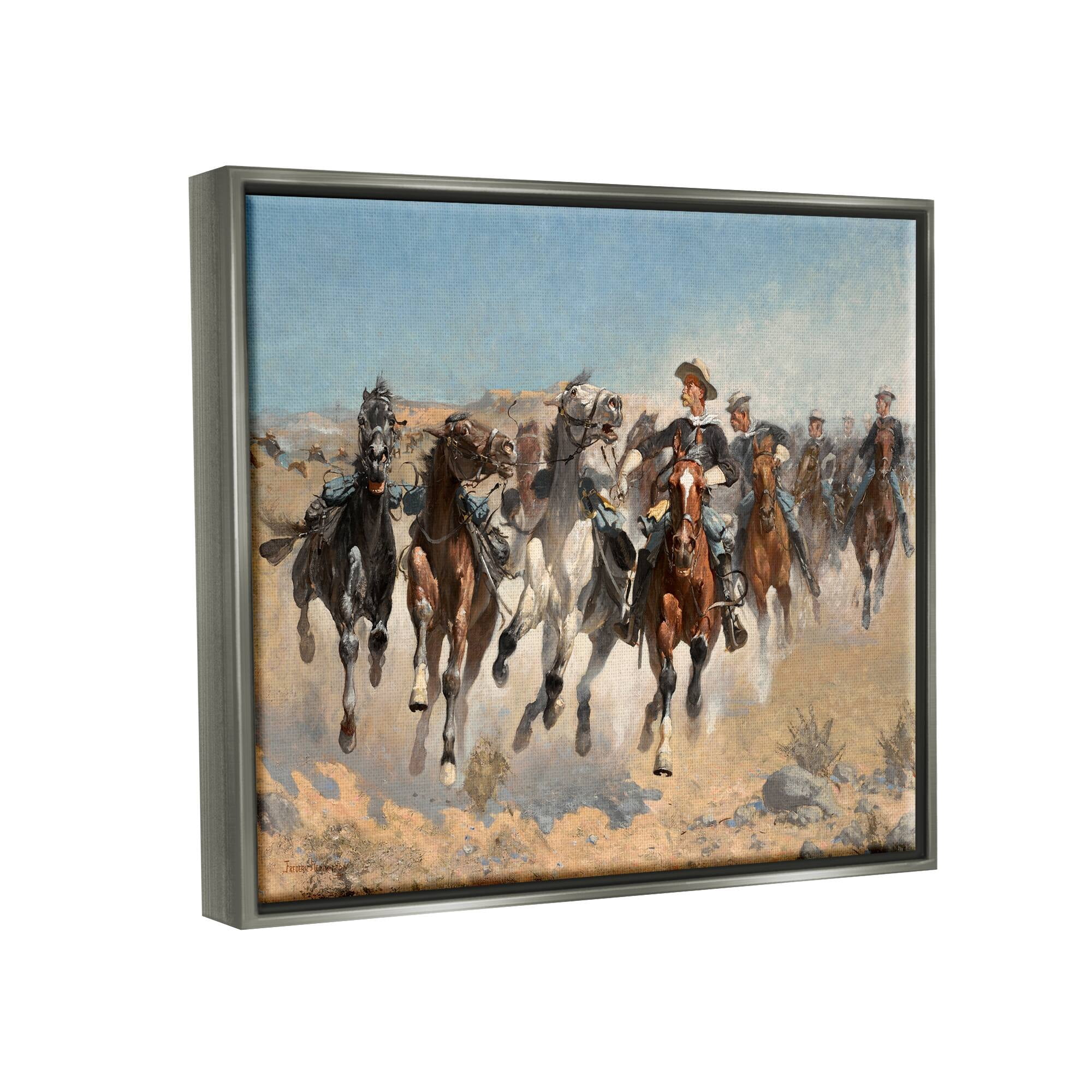 Stupell Industries Galloping Horses Herd Cowboys Trotting Desert Sand Painting Luster Gray Floating Framed Canvas Print Wall Art, Design by Lettered and Lined