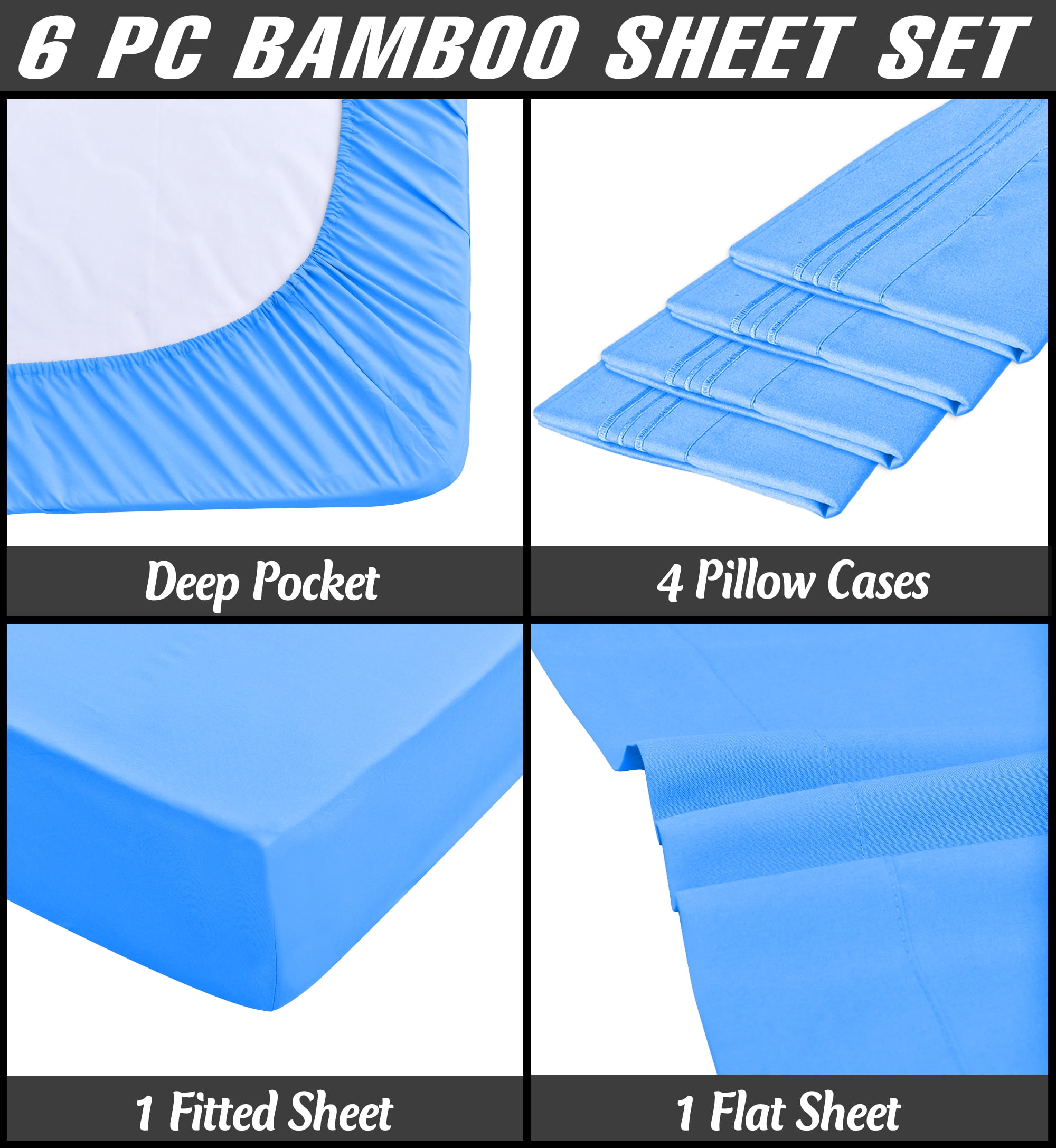 6 Piece Luxury Rayon Made From Bamboo Sheets Set- King Blue Sheets, Softer Than Cotton-Up To 16" Deep Pockets-Wrinkle Free-Extremely Soft Bamboo Derived Rayon Sheets- King,Blue