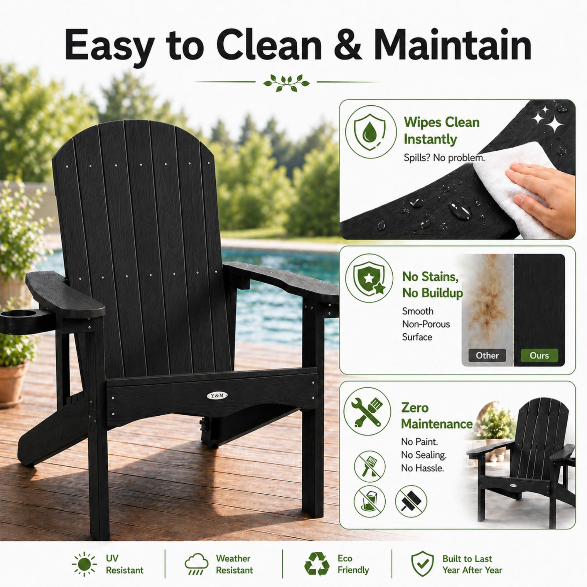 Y&M Adirondack Chair, HDPE Weather Resistant Outdoor Chair with Cup Holder, Black