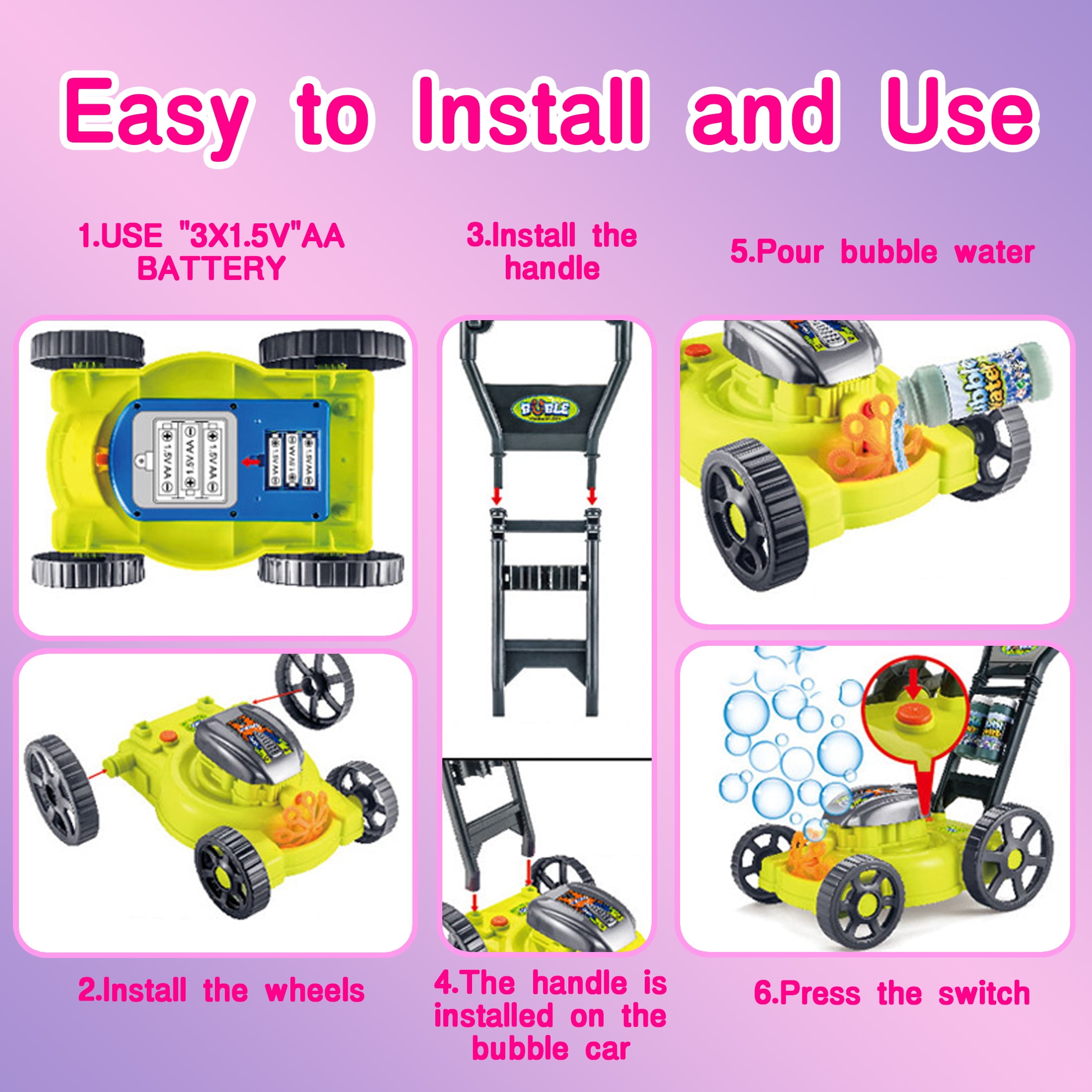 KOPPOP Bubble Lawn Mower - Bubble Machine for Outdoor and Indoor Use, Push Mower with Sound Effects and Bubble Blowing Function - Pink