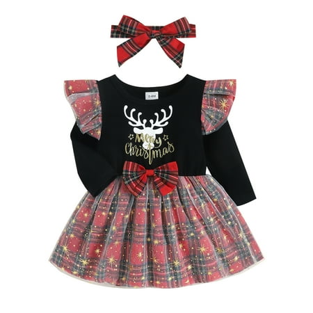 

nsendm First Birthday Dresses Toddler Baby Kids Girls Christmas Deer Letters Prints Tulle Toddler Christmas Dress Wine 0-6 Months