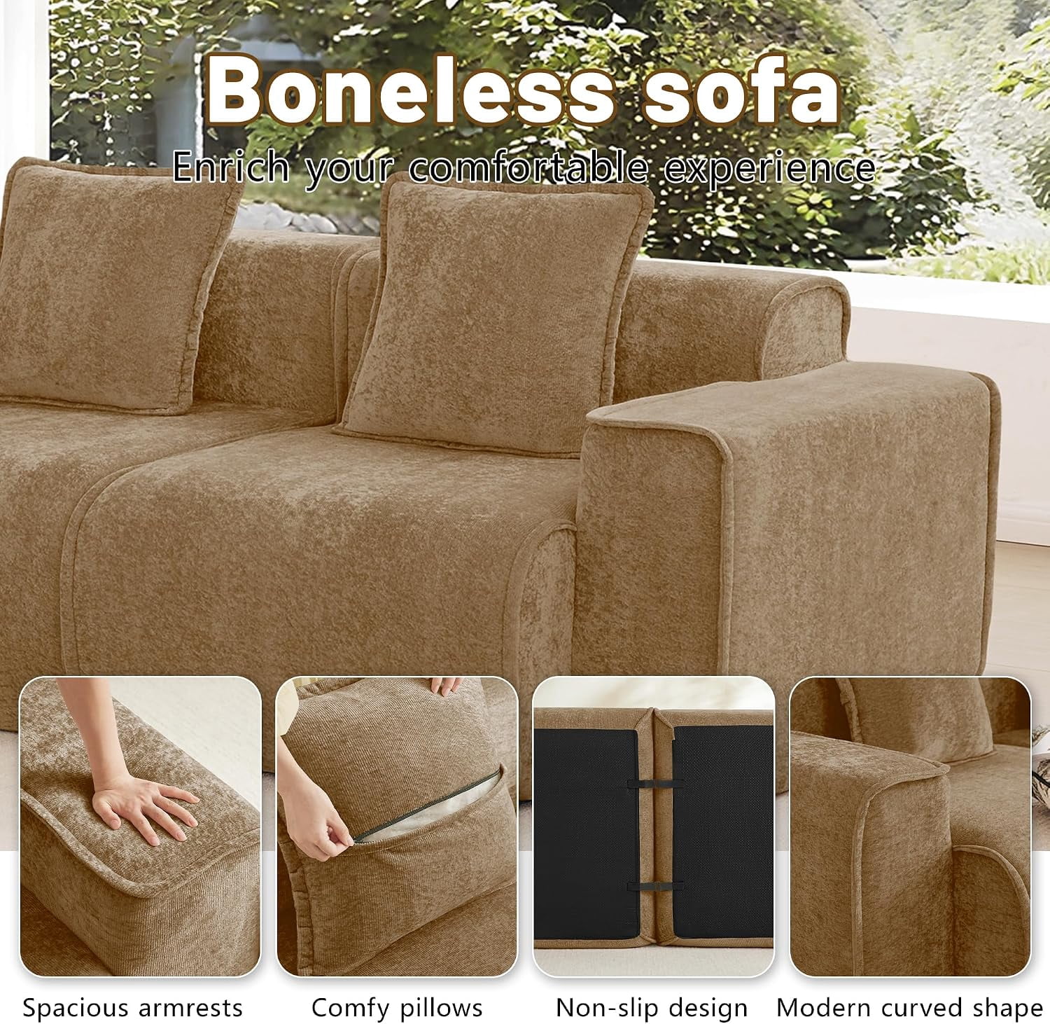 109" 3-Seat Modular U-Shaped Sectional Sofa, Brown Velvet with 2 Movable Ottomans & Throw Pillows, No Assembly Required