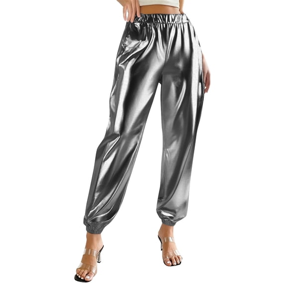 Sexlip Womens High Waist Loose Drapey Wide Leg Metallic Pants Shiny Stylish Party Casual Outfit Gray XL