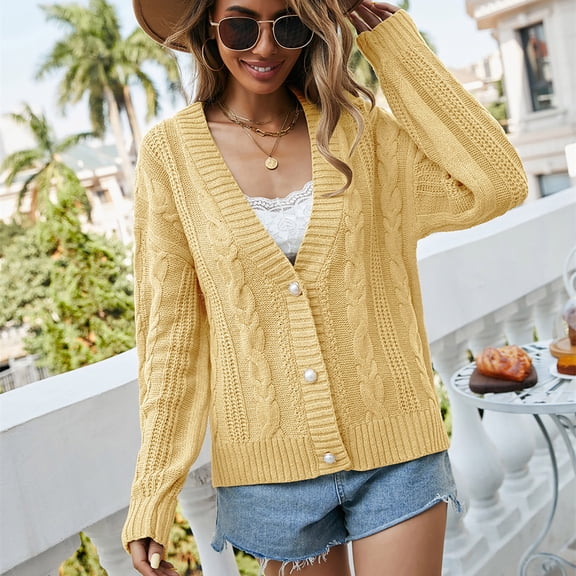 jtjvou V-neck Button Contrasting Knitted Cardigan Jacket Long Sleeved Lightweight Casual Outerwear Comfortable Stylish Knitted Jacket for Daily Wear Yellow XL