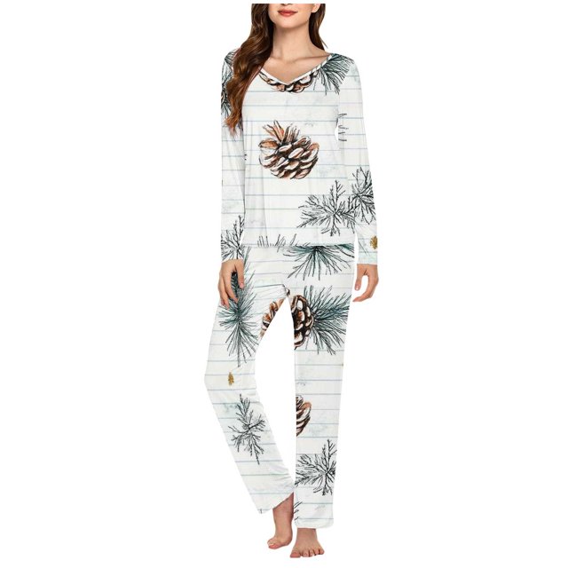 RKSTN Ensembles de Pyjama pour Femmes, Imprimé de Noël, Col en V, Haut Long Décontracté, Pantalon, Ensemble de Pyjama, Pyjamas Doux et Confortables