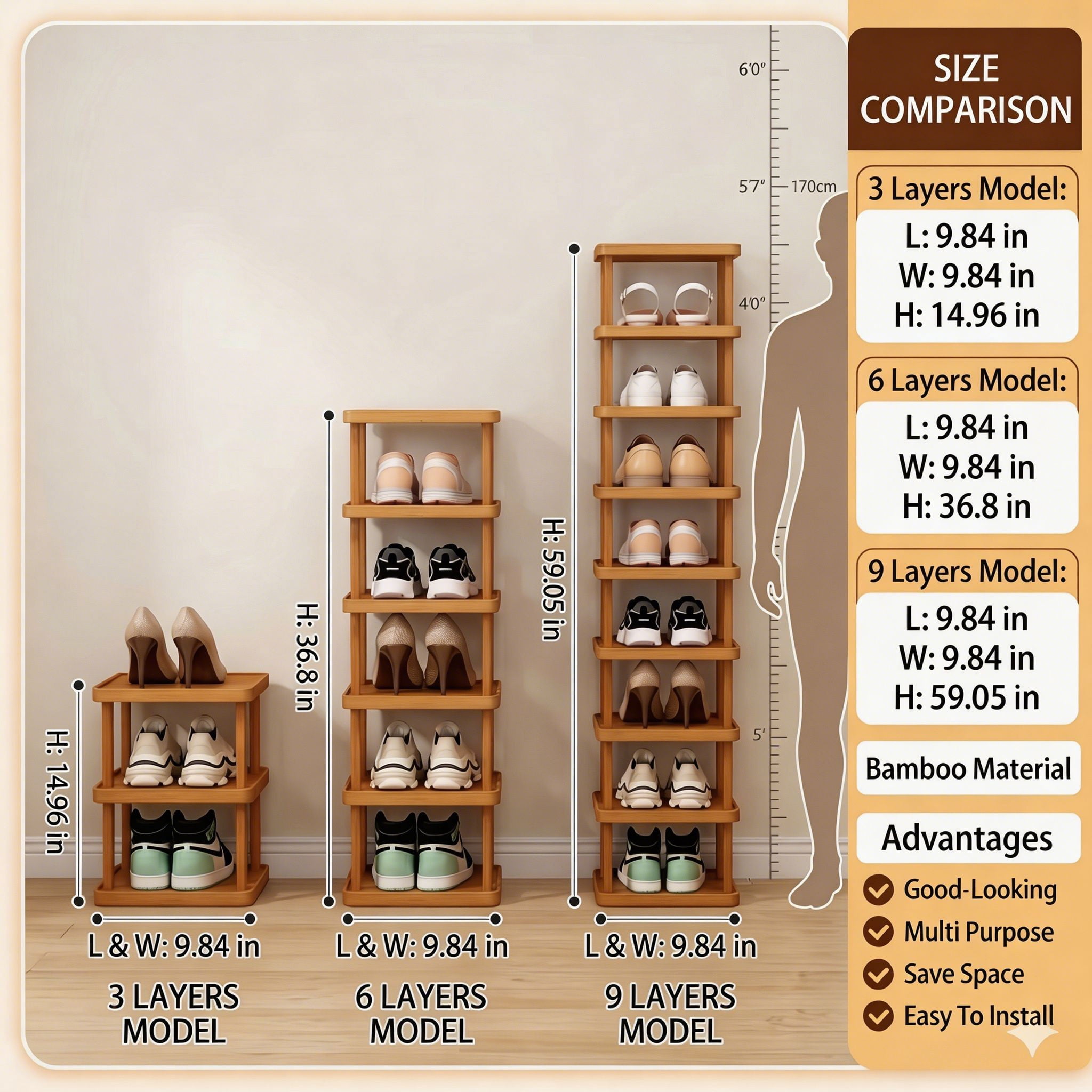 6 Tier Bamboo Shoe Rack, Narrow Vertical Shoe Organizer for Entryway, Closet and Small Spaces, Holds Up to 6 Pairs