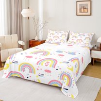 Homewish Cartoon Rainbow Full Size Sheets 4-Piece for Preppy Kids Children,Dreamy Princess Breathable Bed Sheets,Kawaii Stars Print Lightweight Sheet Sets,Lightweight Room Decor