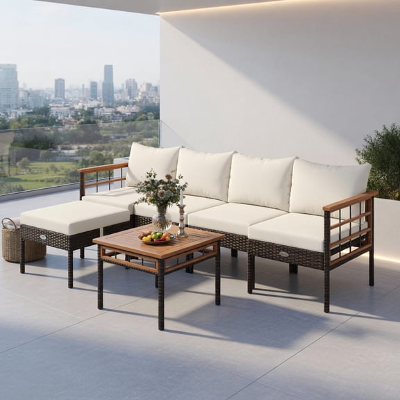 Resenkos Outdoor Wicker Patio Furniture Set with Armless & Corner Chairs, Ottomans, and Side Table – White Cushions, PE Rattan & Acacia Wood – 8-Piece Backyard Seating Ensemble