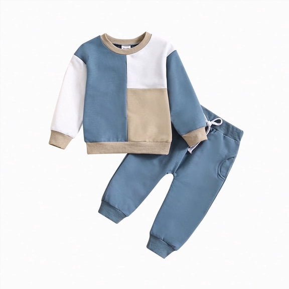 Xudanell Boy Baby Clothes Fall Outfits Splicing 2 Piece Sets Pocket Crewneck Sweatshirt 3 6 9 12 18 24 Months Baby Boy Outfits Khaki 6-12 Months