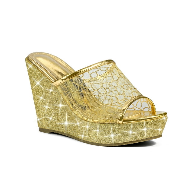 BLISSFUL STEP Sandales pour Femmes à Plateforme Compensée à Paillettes Sandales à Enfiler Or 8