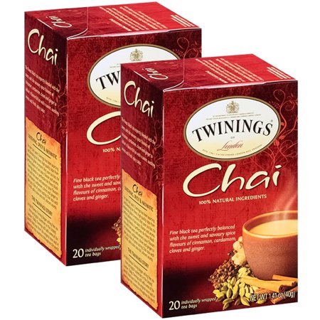 Twinings Chai Tea, Caffeinated Black Tea Naturally Flavored With Aromatic Spices And Ginger, Tea Bags Individually Wrapped, 20 Count Ea (Pack Of 2)