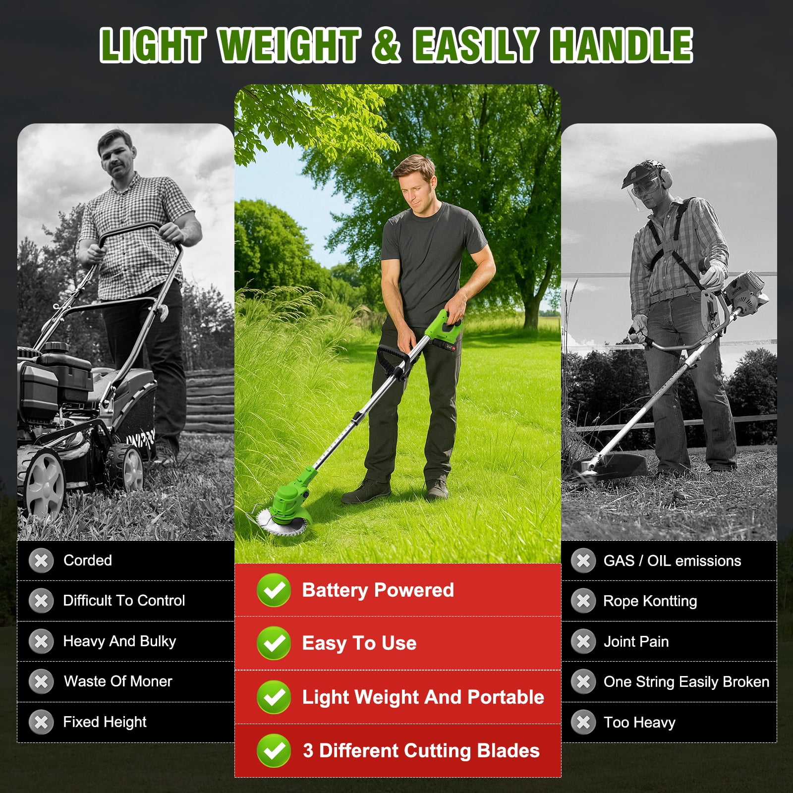 24V 650W Lawn Mover Electric Grass Trimmer Cordless, Weed Eater W/2 Batteries, Lawn Mower Cordless Pruning Cutter Weed Wacker Garden Trimming Tool
