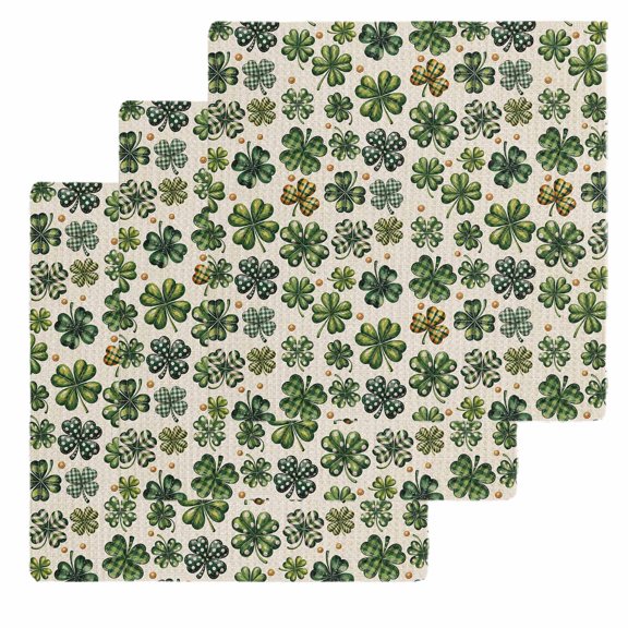 St Patrick's Day Kitchen Dish Towels for Drying Dishes Set of 3, Spring Green Shamrock Vintage Rustic Beige Waffle Weave Microfiber Hand Tea Bathroom Towels Quick Dry & Absorbent Towel 12x12