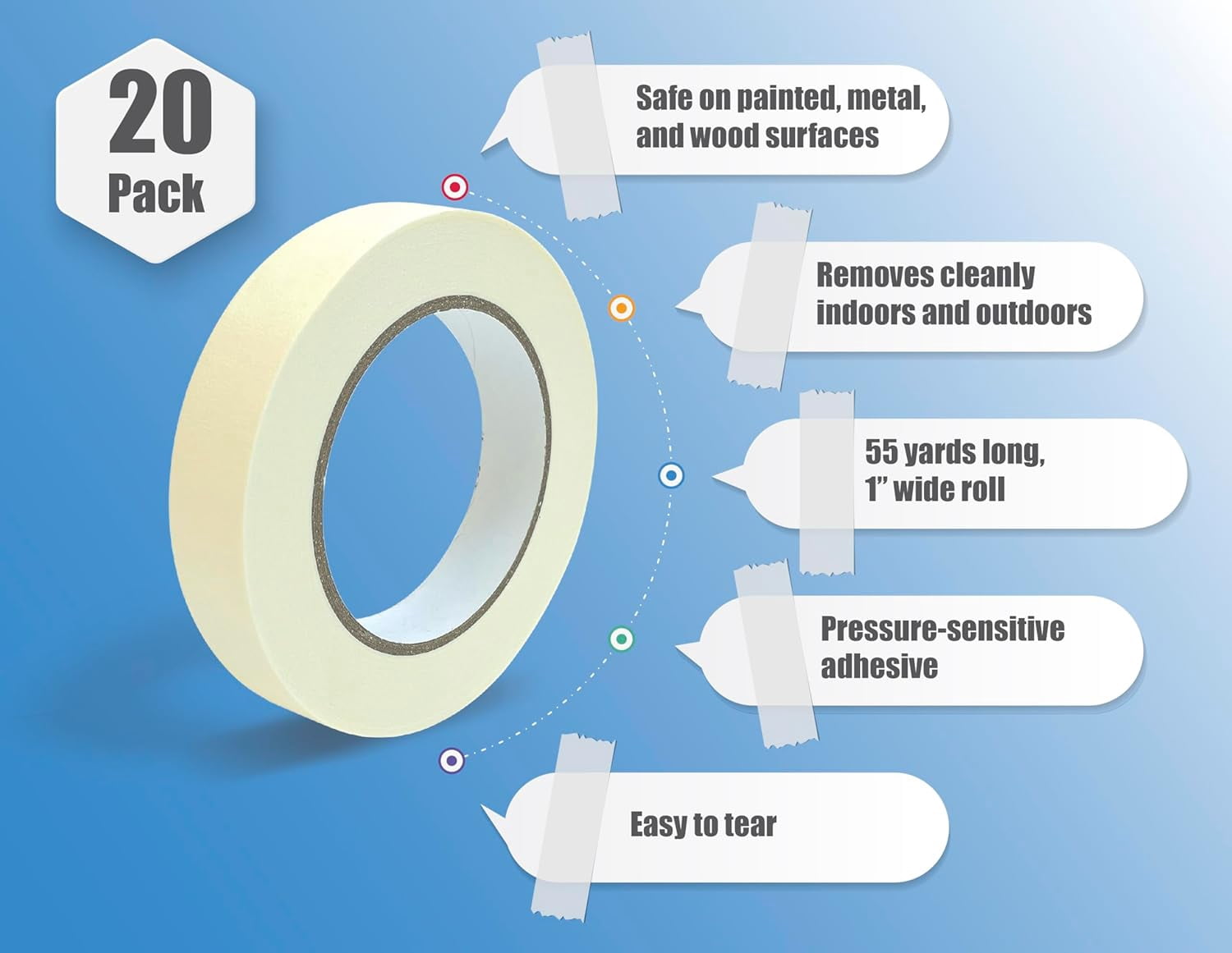ABPETE 1 inch Masking Tape, 20 Pack, 55 Yards Each, White Beige, Premium Adhesive, Versatile for Painting, Arts, Crafts, and Light-Duty Repairs