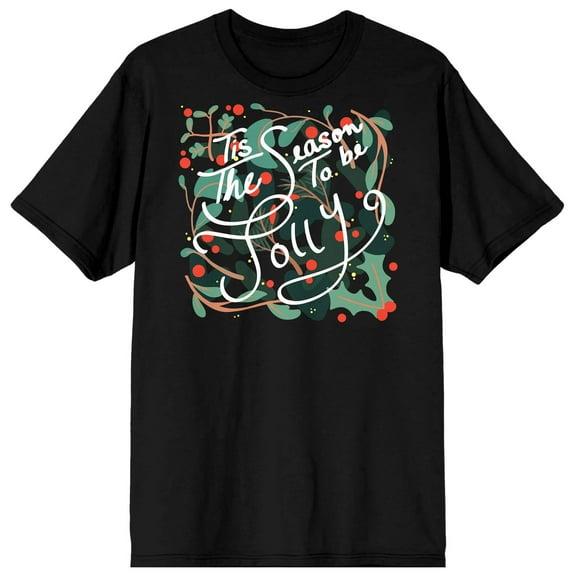Christmas Card Holly Tis The Season To Be Jolly Crew Neck Short Sleeve Black Adult T-shirt-Medium