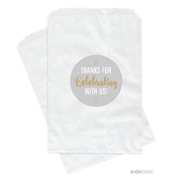 Signature Light Gray, White, Gold Glittering, Favor Bags, 24-Pack, Elegant Wedding Bridal Shower Party Favors