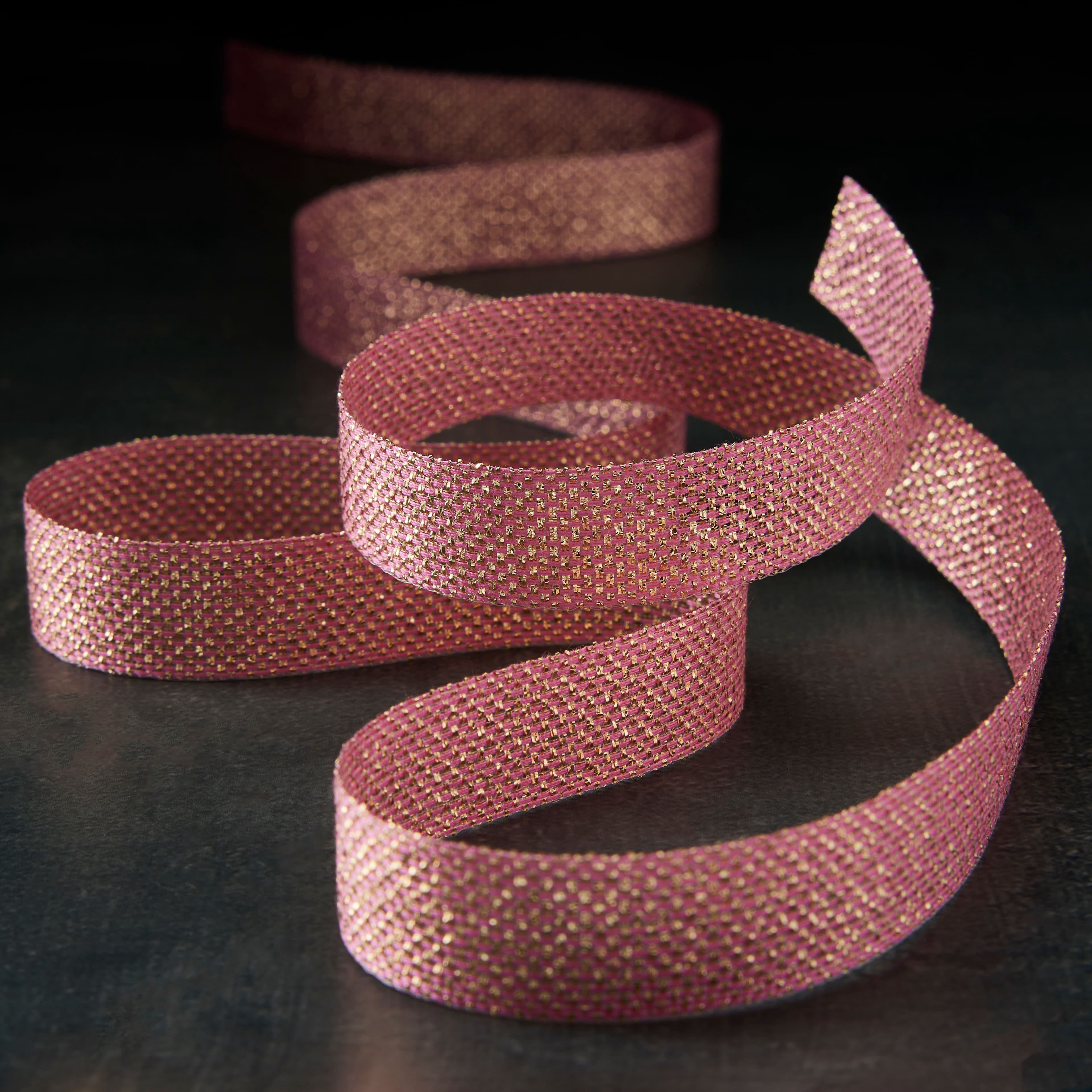 5/8" x 7yd. Pink & Gold Metallic Ribbon by Celebrate It – Non-Wired Woven Selvage Edge - Ideal for Gift Wrapping - Wreaths & Crafts - 12 Pack