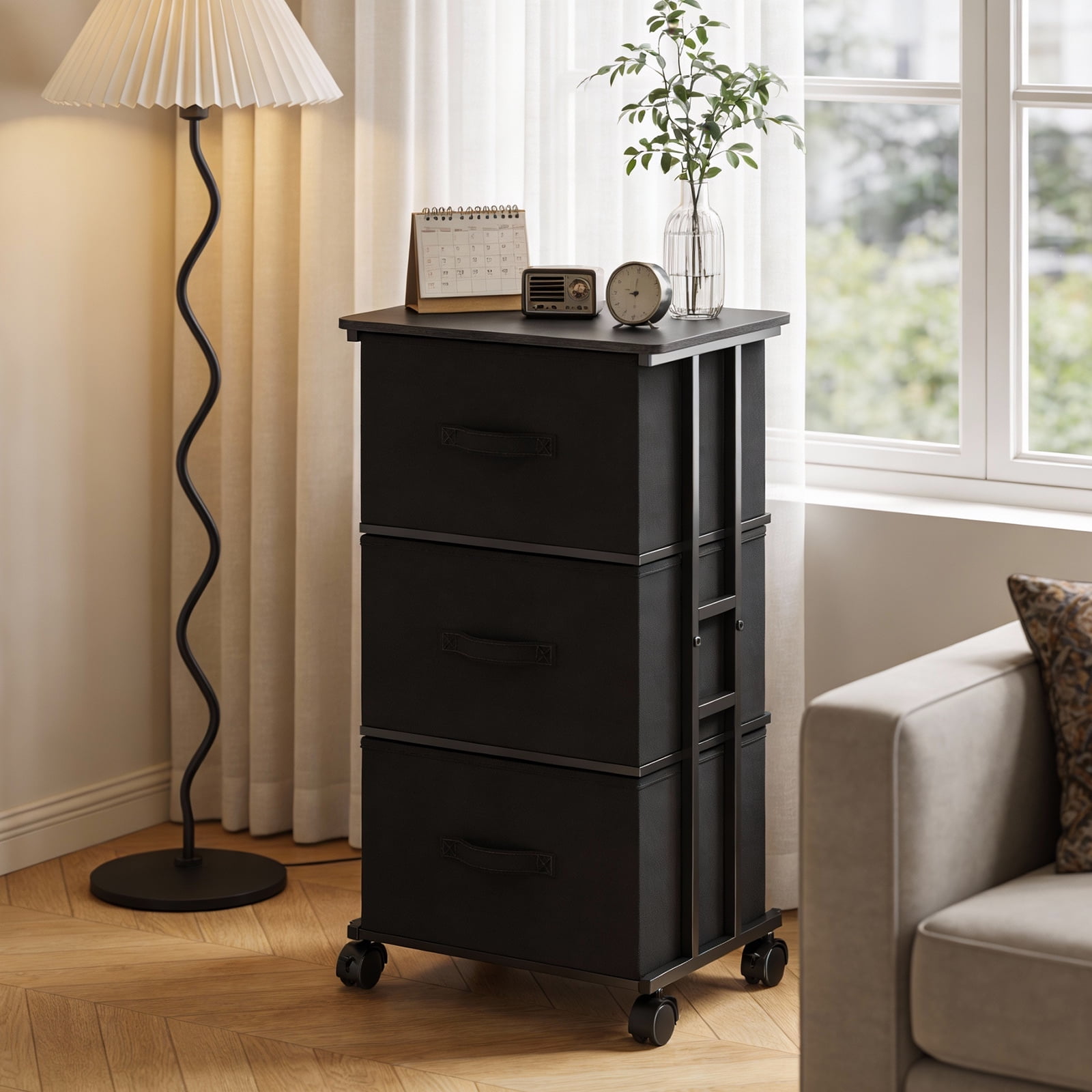edx Rolling Nightstand with Wheels, 3 Drawer Fabric Storage for Bedroom, Entryway, Closets, Office, Black