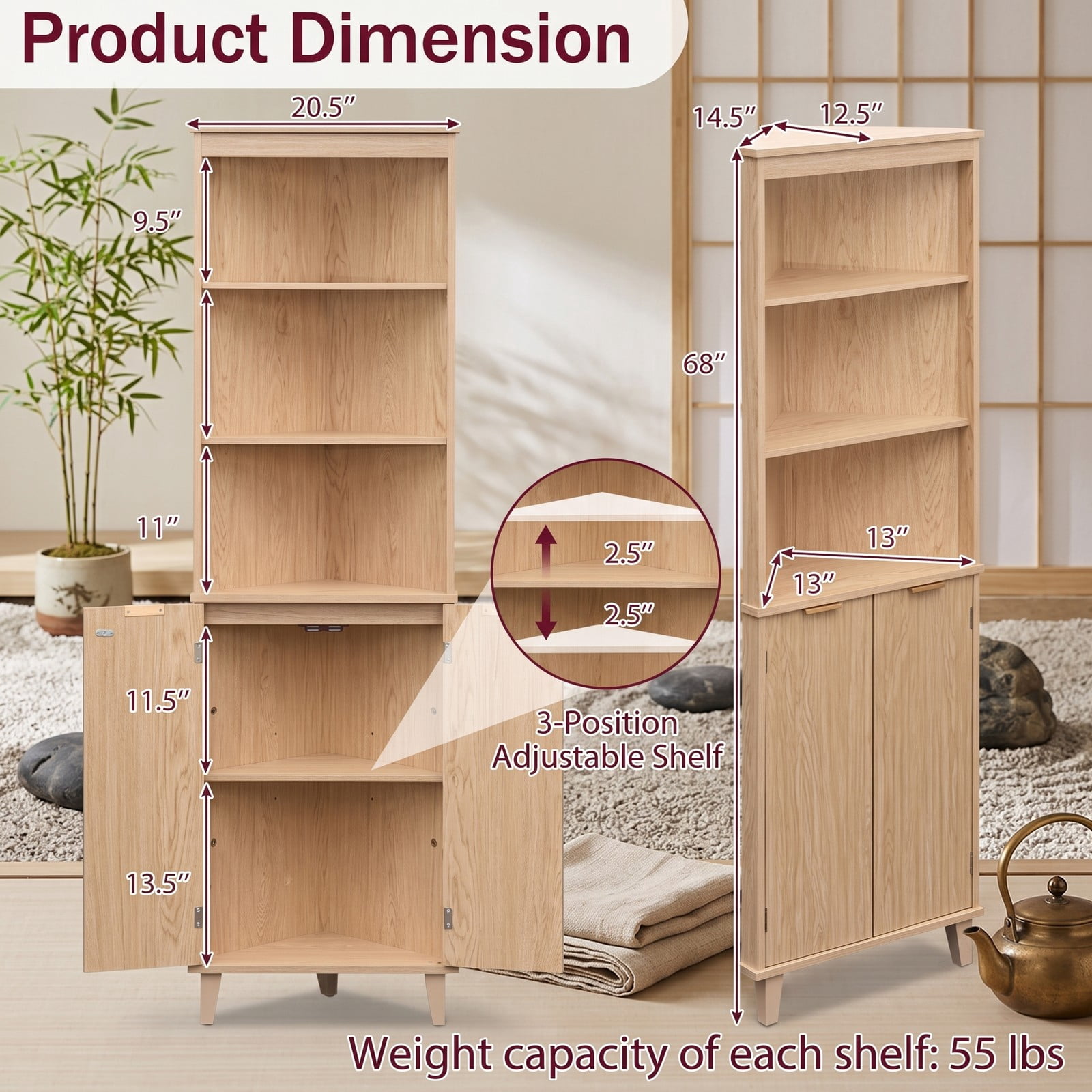 Fenbeli 68 Inch Tall Corner Cabinet with Fluted Doors, Freestanding Bathroom Floor Storage Cabinet with 3 Open Shelves and Enclosed Compartment, Anti-Tip Kit and, Oak