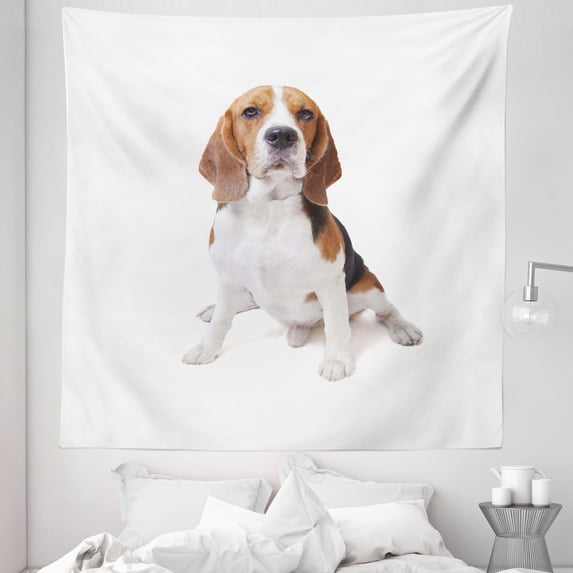 Beagle Tapestry, Beagle Dog Posing Loving Puppy Furry Friend Companion Domestic Animal, Fabric Wall Hanging Decor for Bedroom Living Room Dorm, 5 Sizes, Cinnamon Black White, by Ambesonne