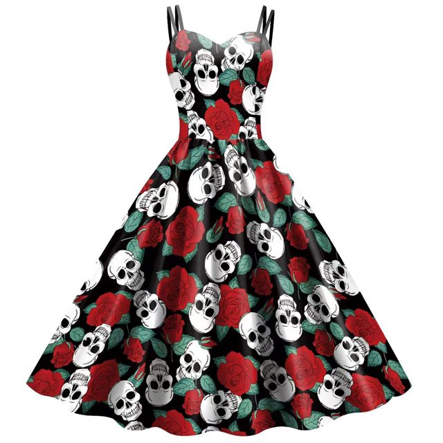 2024 Halloween Cosplay vestido de calavera rosa negra oscura disfraz de mujer sin mangas vestidos de fiesta vintage calavera bruja ropa aterradora