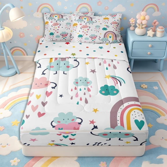 Erosebridal Cartoon Cloud Pattern Zipper Twin Comforter Sets with Fitted Sheet and 2 Pillowcases,Rainbow Star Print Zipper Bedding Set,Pink Teal Yellow,Reversible