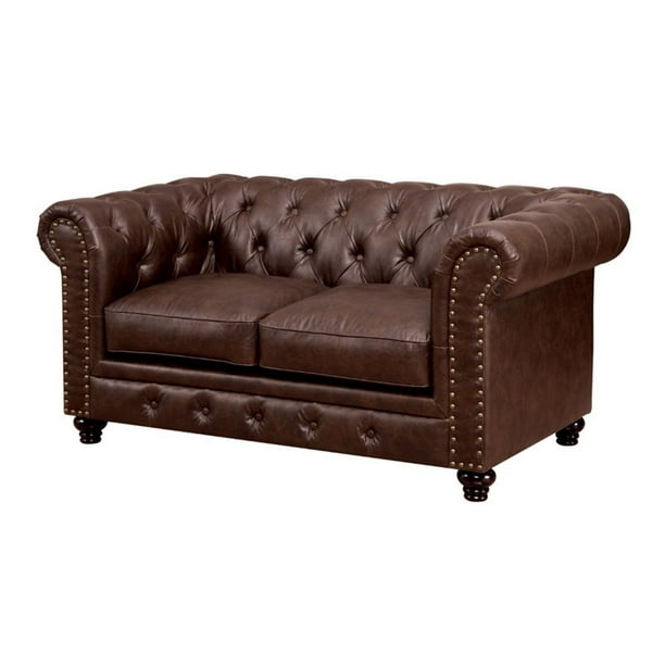 Furniture Of America Villa Traditional Tufted Faux Leather Loveseat In Brown Com Tufted Faux Leather Loveseat, Brown Leather Loveseat Sofa