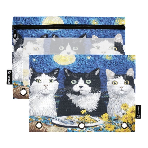 2 Pack 3 Ring Binder Pouch with Clear PVC Window Water Resistant Zipper Pencil Pouch Three Cats Dinner Binder Pocket for Classroom Office Home Stationery Organization