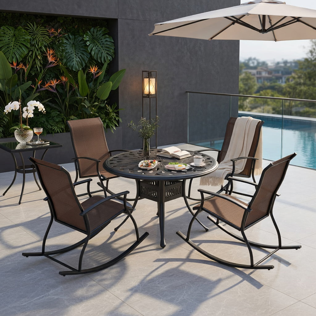 Hommoo 2-Pack Outdoor Rocking Chairs, Breathable Fabric Seat, Rust-Resistant Metal Frame, Ergonomic Back Support, Brown