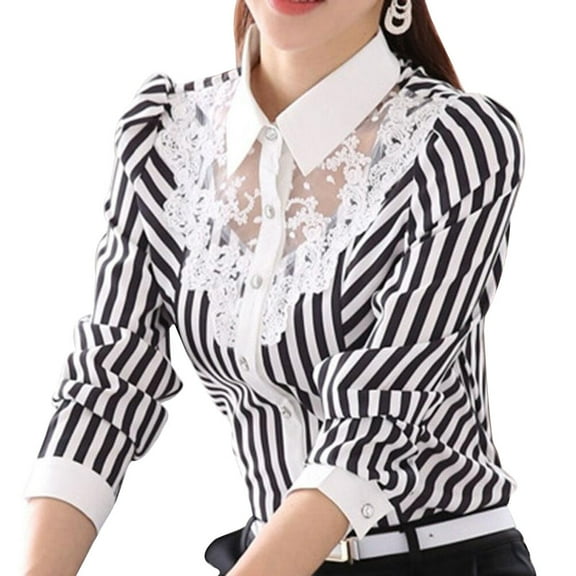 COSMOBETTY 1Set Long Sleeves Shirts for Women Striped Neck Puff Sleeve XXL for Daily Wear