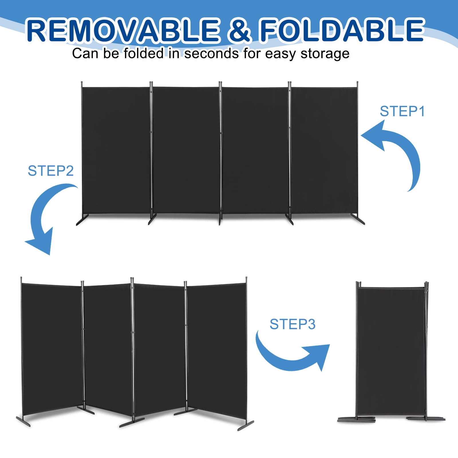 6FT 4-Fold Foldable Screen Plastic Foot Carbon Steel Frame, Black