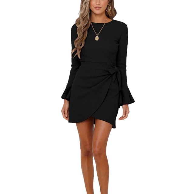 Vestido Corto De Cintura Alta Con Volantes, Vestido Ajustado Con Cinturón De Manga Larga Acampanada Para Fiesta ANGGREK Otros