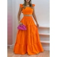 thumbnail image 4 of Women'S 2 Piece Outfits Spaghetti Strap Crop Top and Smocked Waist Ruffle Swing Long Skirt Set Orange XXXL, 4 of 6