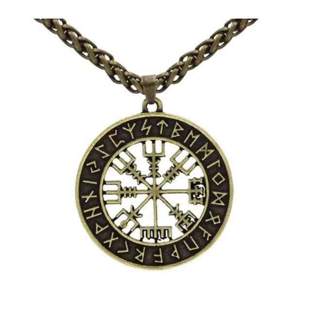 Collar Vikingo Hombre con Colgante de Brújula VegVisir, Amuleto Nordico Vintage, Collar Runas Vikingas - Bronze MADIOLA Vegvisir