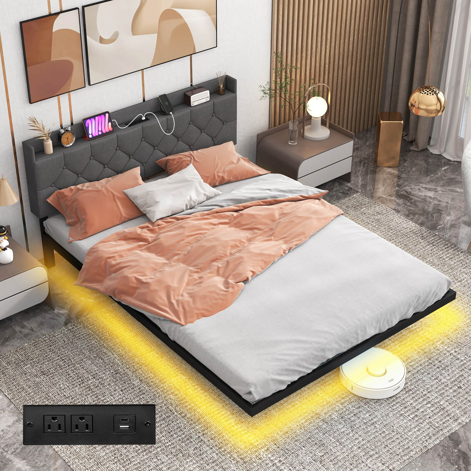 Infans Queen Size Floating Bed Frame with LED Lights Adjustable Upholstered Headboard