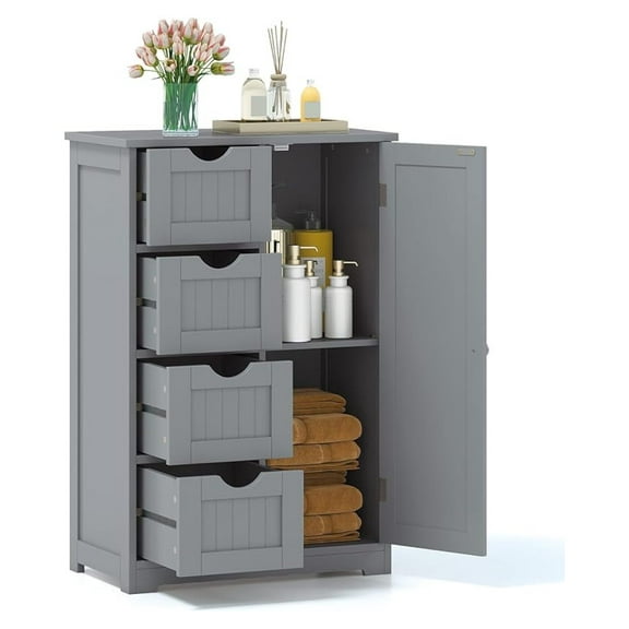 Bathroom Floor Cabinet, Multifunctional Storage Cabinet with 4 Drawers and 1 Door, Wooden Side Storage Organizer for Bathroom, Living Room or Kitchen, 22 x 12 x 32 inches (Grey)