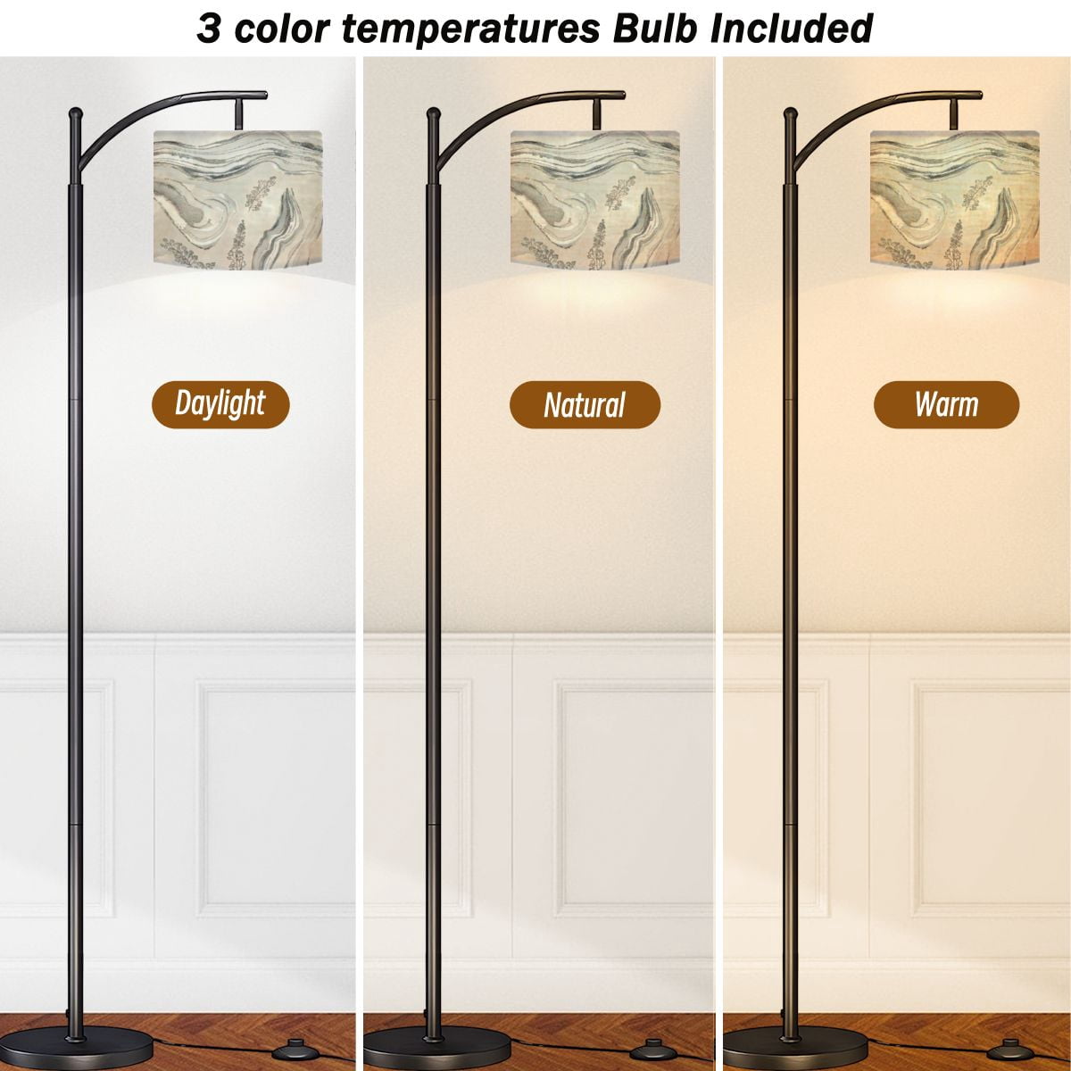 Arc Floor Lamps Hand watercolour silver glittery elements Modern LED Adjustable Lampshade Standing Light for Living Room Reading Bedroom Office